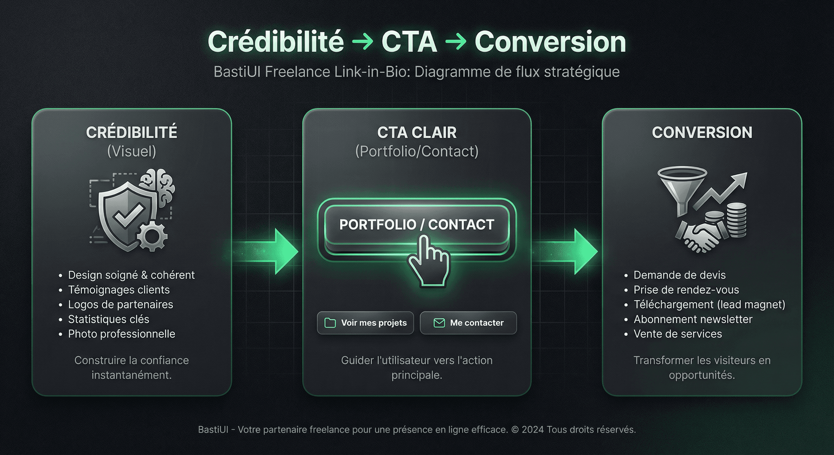 Flux link in bio BastiUI : crédibilité et CTA freelance
